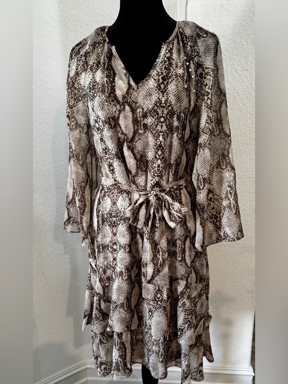 White House Black Market Brown Snake-Print Tie-Waist Dress WHBM size S